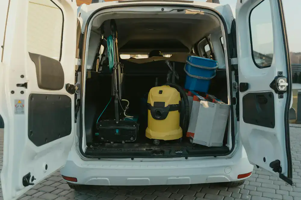 Inside a fully equipped mobile car wash van
